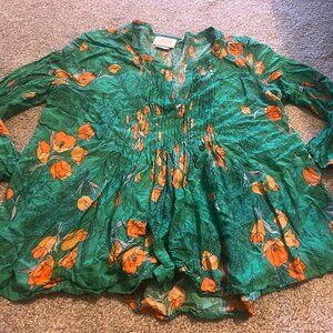Anthropologie Green Floral Button Down Long Sleeve Blouse